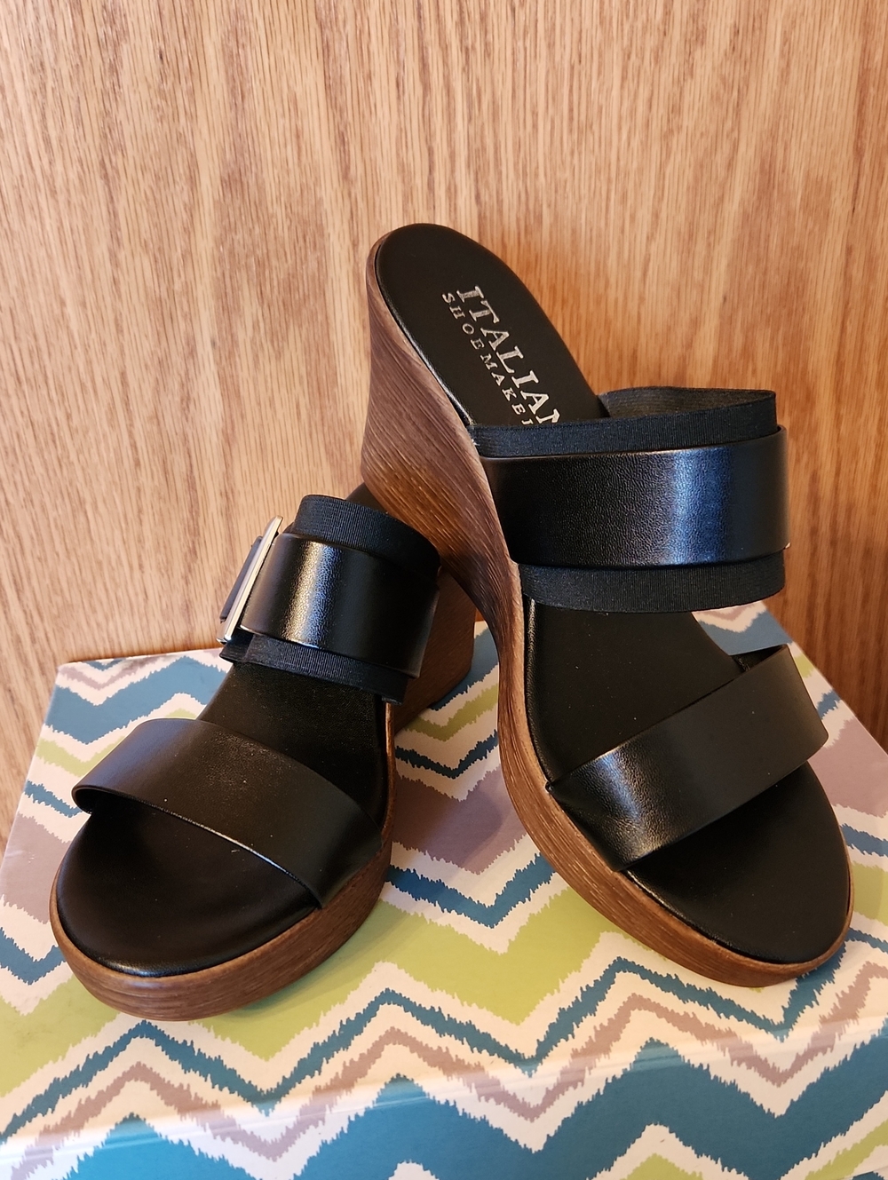 Italian Shoemakers Black Faux Leather Wedge Sandals with Wood-Look Platform